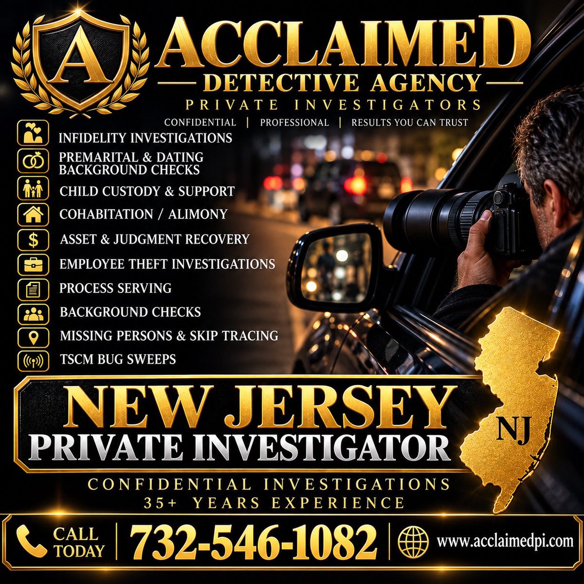 acclaimedpi's tweet photo. Acclaimed Detective Agency
NJ private investigator
35 Years
#acclaimedpi
#childcustody
#cohabitation
#Cheatingspouse https://t.co/viDsQ8TjYS