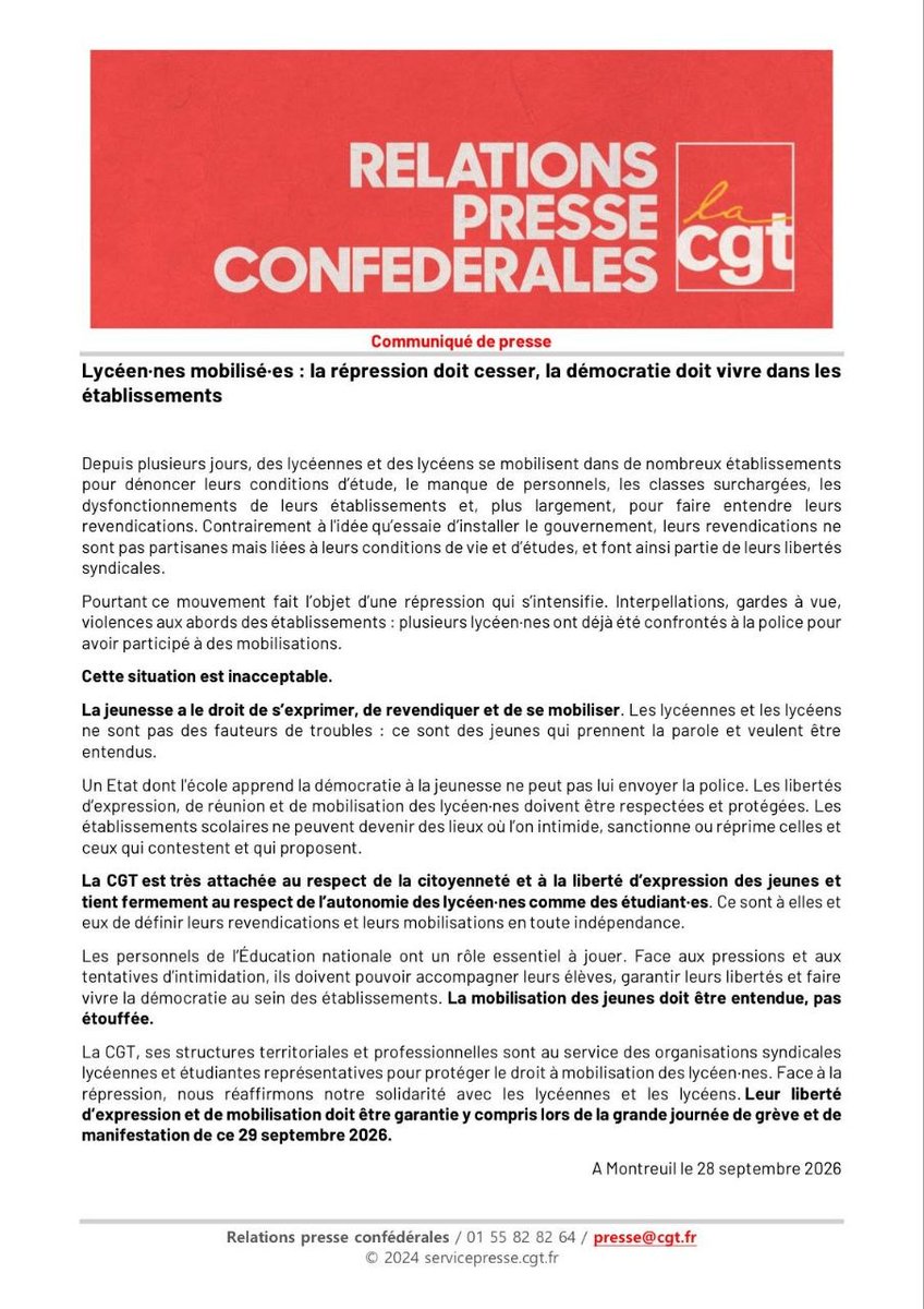 JLMelenchon's tweet photo. La sauvagerie policière n'est pas acceptable. Un tir au visage, des violences disproportionnées soulignent des comportements d'une violence sans limite d'adultes armés contre des jeunes. Spectacle écœurant. La Confédération CGT met en garde. Et les insoumis aussi. Nuñez a déjà absous ses troupes mal commandées et irresponsables. Alerte au drame, gouvernants irresponsables ! Bravo aux parents, aux élus et aux militants qui se sont interposés pour protéger les jeunes face aux violences policières.
