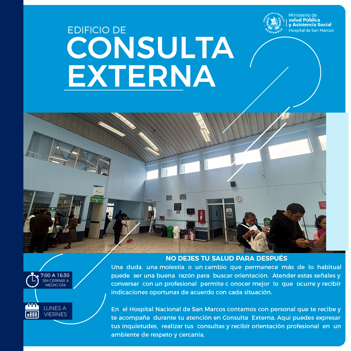 HNSMSocial's tweet photo. 💙 ¿Tienes una duda sobre tu salud? Preguntar también es cuidarte. En Consulta Externa del HNSM encontrarás personal dispuesto a orientarte y acompañarte durante tu atención.

#HospitalNacionalDeSanMarcos #ConsultaExterna https://t.co/X7yKfVfaks