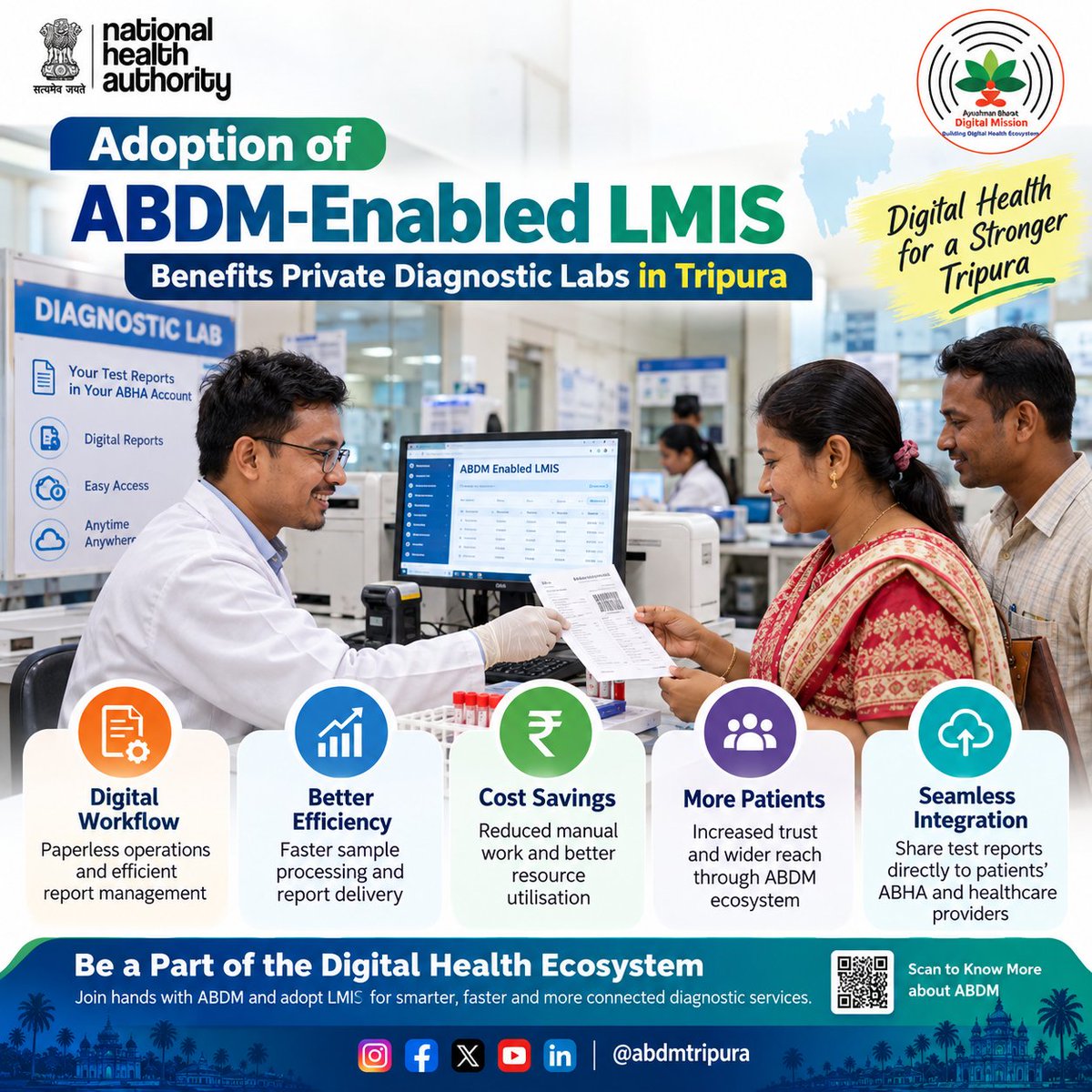 abdmtripura's tweet photo. 🧪 ABDM-enabled LMIS is helping create a more connected digital diagnostic ecosystem—supporting efficient workflows, faster report delivery, reduced paperwork and seamless sharing of reports through ABHA. https://t.co/X0V5XCDx5m