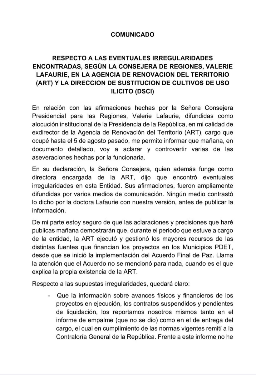 Rauldelgado58's tweet photo. Sobre las eventuales  irregularidades encontradas, según la Consejera de Regiones,  en la Agencia de Renovación del Territorio (ART) y la Dirección de Sustitución de Cultivos Ilícitos (DSCI) https://t.co/ZmIQlgi2cN