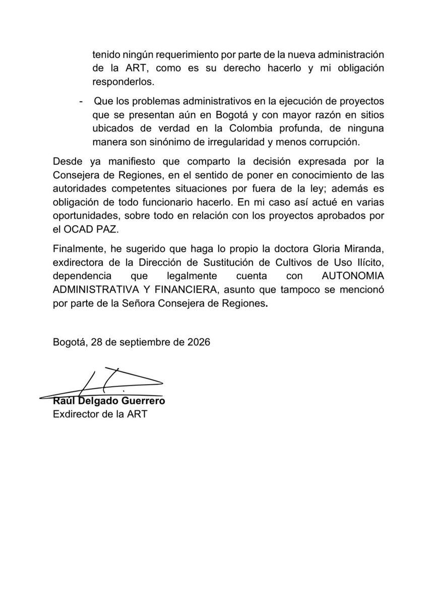 Rauldelgado58's tweet photo. Sobre las eventuales  irregularidades encontradas, según la Consejera de Regiones,  en la Agencia de Renovación del Territorio (ART) y la Dirección de Sustitución de Cultivos Ilícitos (DSCI) https://t.co/ZmIQlgi2cN