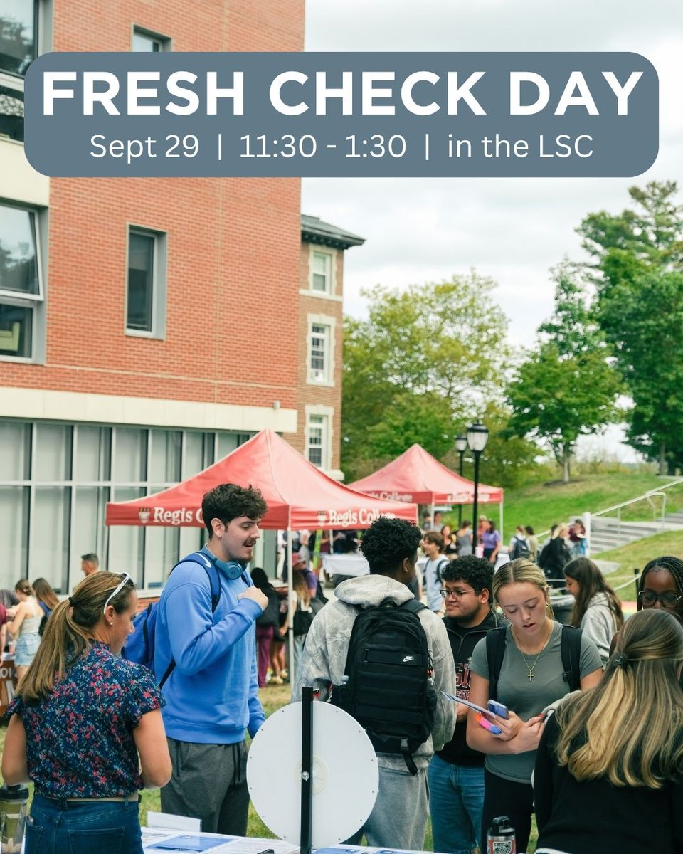 RegisCollege_MA's tweet photo. Fresh Check day is tomorrow! This event is a great opportunity to explore and learn about mental health. See you tomorrow in the LSC for #FreshCheckDay! https://t.co/GbqX6jZ16D