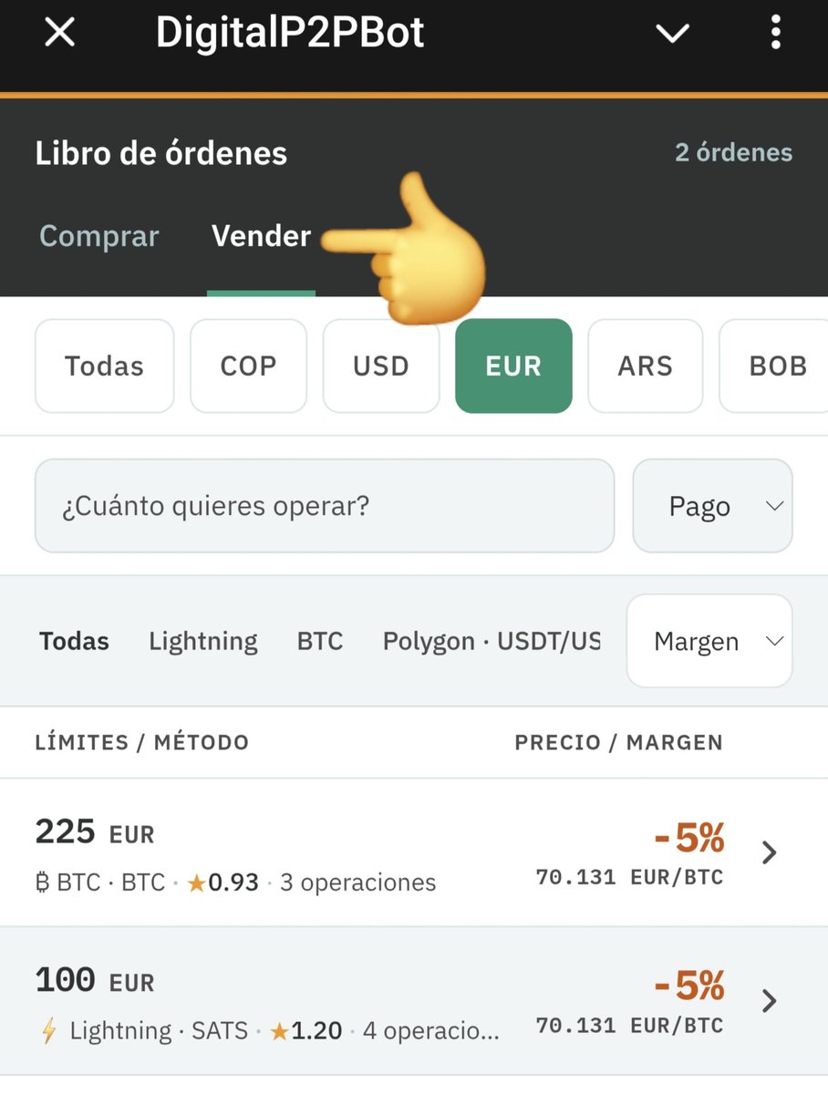 DigitalP2PBot's tweet photo. Buy & sell Bitcoin and stablecoins directly in EUROS 💶 from Telegram!

With @DigitalP2PBot ⚡️🤖 you can trade P2P fast and easily:

⚡ Buy or sell Bitcoin (Lightning / SATS)  
💵 Buy or sell stablecoins  (USDT and more)  
💶 Pay or get paid in EUR

No extra apps. Pick the amount, check the order book, and close the trade right inside Telegram.

Want to trade in euros now?
Go here 👉 https://t.co/GB28yewDXm