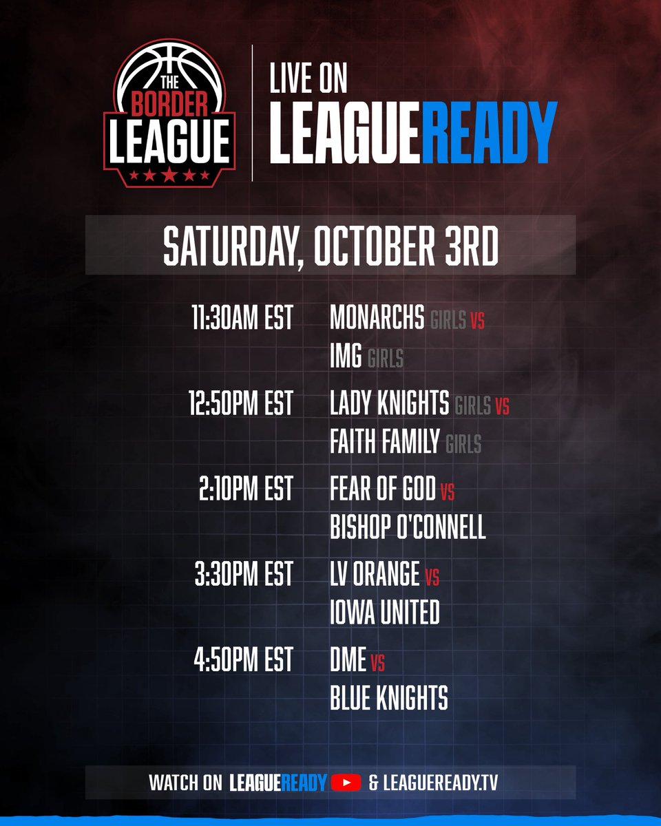 LeagueRDY's tweet photo. Complete Border League game schedule on League Ready platforms 👀🔥

Stream games live on League Ready YouTube and https://t.co/jnfNUd2xoa 📺

🔗 https://t.co/FBkYl1pdHo https://t.co/FSfanlUxfK