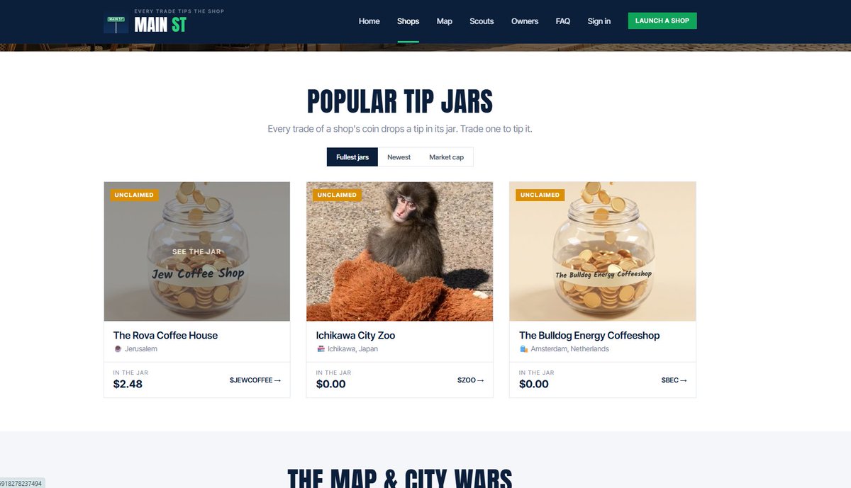 MAINSTPF's tweet photo. Tek tekking!

MAIN ST already has places on the board in Jerusalem, Japan, and Amsterdam. The Rova Coffee House’s tip jar has started filling from trading fees—and it’s waiting for the owner to claim it.

Scout a place. Launch its coin. Watch its jar fill. The map is just getting started.

https://t.co/Ybtvzwzq3p

$MAINST

5z1CYwbdYwFsqp8nSSiBJkZinE6MKpFb7DodFoZzpump
