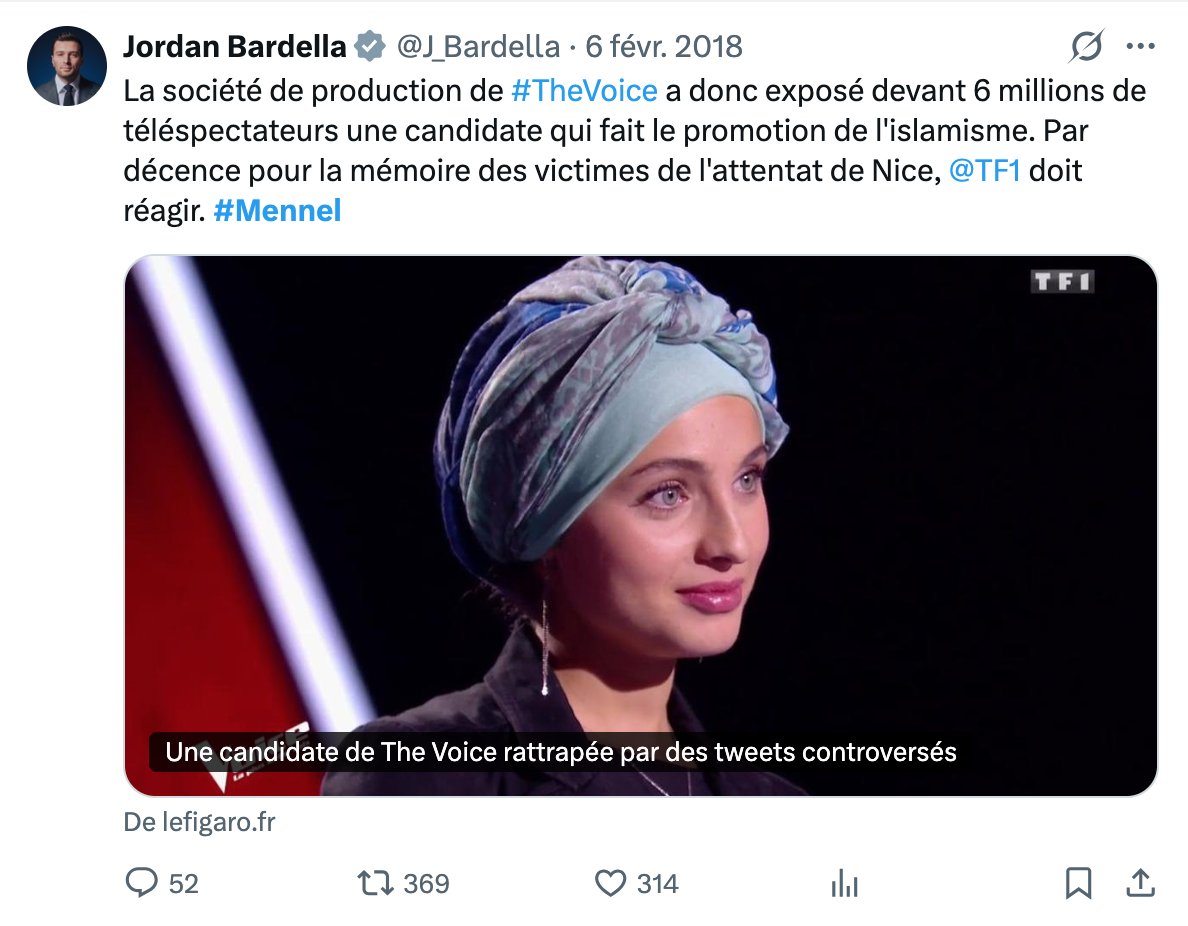 EdBanger4's tweet photo. Bardella en 2018 a reproché à une simple candidate de The Voice des propos tenus sur facebook 17 ans plus tôt.  

Bardella est politiquement mort. FINITO. https://t.co/gc4UyK6jeu