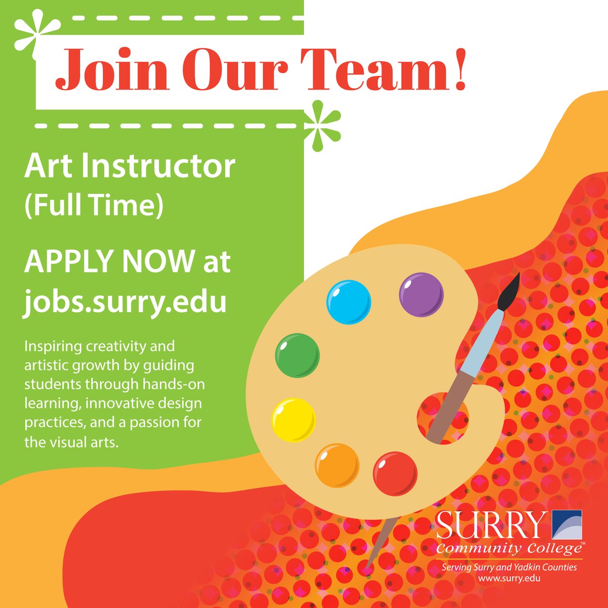 surrycc's tweet photo. Surry Community College is hiring an Art Instructor (Full Time). 

For more information and to apply visit: https://t.co/mxWbSUrhS9 https://t.co/Wfz0dq1KdR