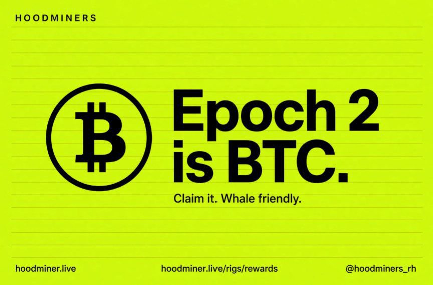 hoodminers_rh's tweet photo. Hoodminers Epoch 2 is here.

Holders voted to mine BTC again this epoch. Go claim it. It is whale friendly.

Epoch rewards are just starting, and new revenue streams are being added. 

Epoch rewards are only the tip of the iceberg.

Rig operators already got more on top of that: free mints and WLs.

Some of them:
- @wearejpegfrens - thanks to our holder @ticklesnarf10 for a generous allocation
- @DegensCasinoRH - thanks to our holder @mattymatrix for spots
- @inkcultist - cool experimental gamified collection
- honorable free mint from our holder @jafastar
- @catapulttrade - thanks to holders @vivekdoteth and @pixonme 

More is coming, starting with today’s free-mint allocation for the top of the leaderboard.
Climb it. Verify your holdings on Discord.

State of development:
- Merge mechanic going live any moment
- Hoodcampaign (InfoFi for everyone) scheduled this week

Turn notifications on. You do not want to miss being early.

$MINR: 28% already burned.

CA
0x9fb69d90b0d29ee9d52f72261f6c6a9c5ff4ad3e