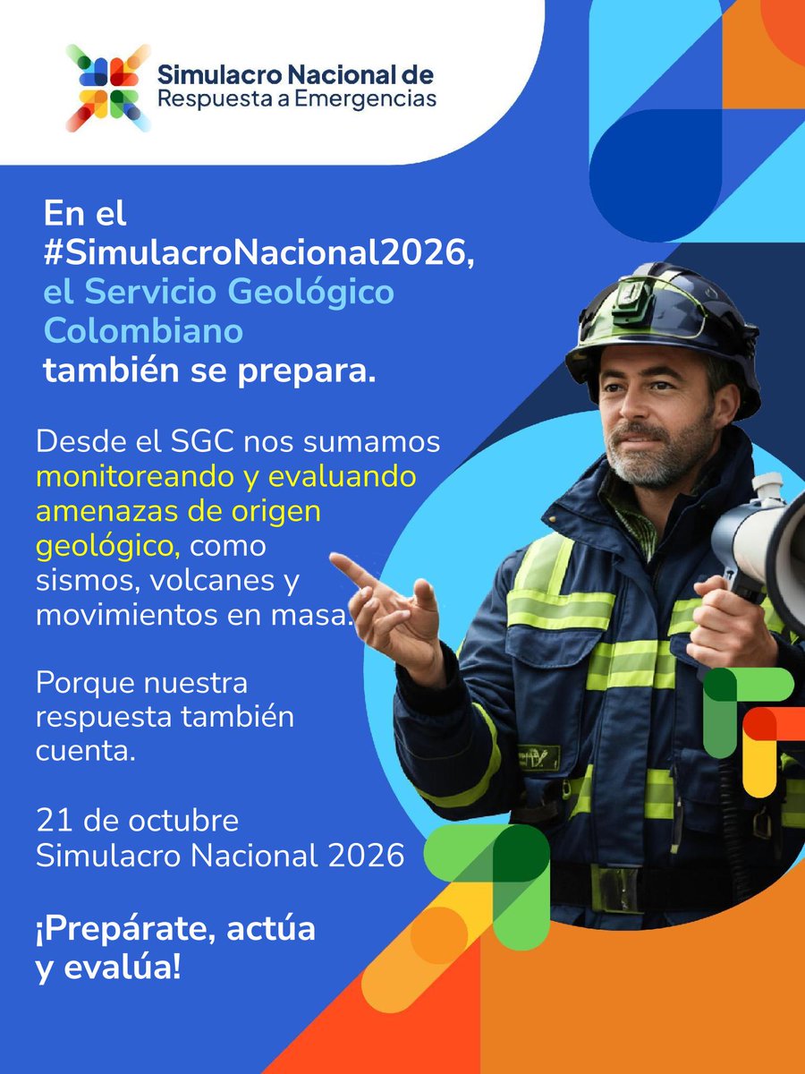 sgcol's tweet photo. 📍En el Servicio Geológico Colombiano nos preparamos para responder mejor ante las emergencias.

🚨 Este 21 de octubre pondremos a prueba nuestras capacidades, fortaleceremos la coordinación y evaluaremos cómo respondemos frente a los escenarios de riesgo de nuestro territorio.

🤝 Súmate al #SimulacroNacional y haz parte de este ejercicio de preparación.

Prepárate. Evalúa. Actúa.