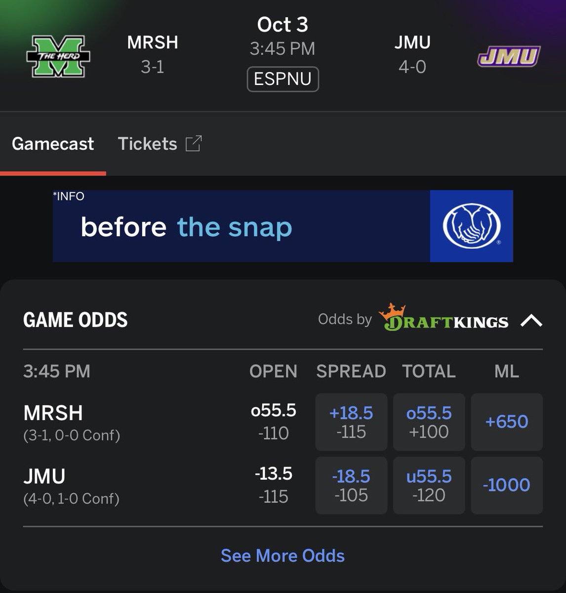MichaelAdamsASJ's tweet photo. JMU opens as an 18.5 pt favorite against Marshall https://t.co/j5vogskby2