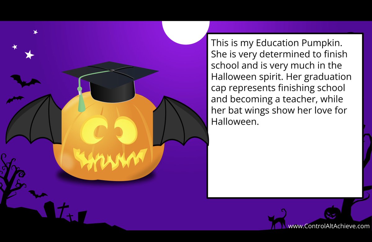 ChloGeuci's tweet photo. 🎃 Created my Education Pumpkin! She’s determined to finish school but still has to be in the Halloween spirit 🎓🦇 I think this would be such a fun activity for students to get creative and make their pumpkin their own! #FutureTeacher #EdTechECC https://t.co/huXMPbid5H https://t.co/6PYPuZ7KSq