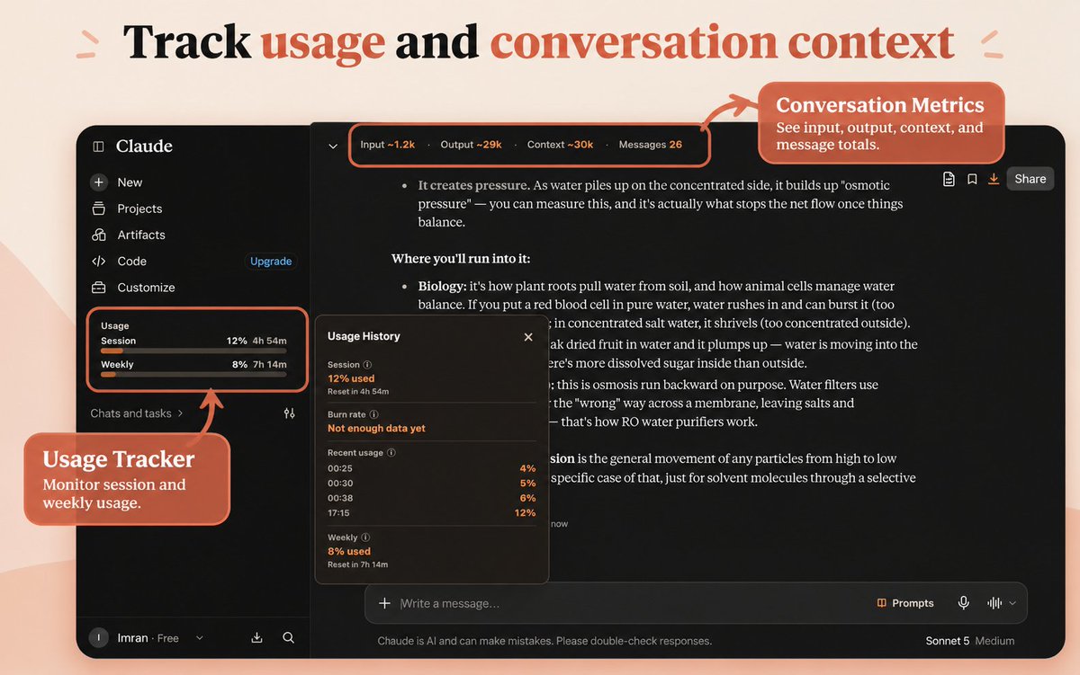 notfunnyimran's tweet photo. Claude chats get big fast, but it’s hard to tell what’s actually using the context.

So I added live conversation stats:

- input
- output
- context
- message count

Now I can see how a chat grows without guessing.

Built into ClaudePack. Completely free, everything stays local. https://t.co/YviSgHKY4C
