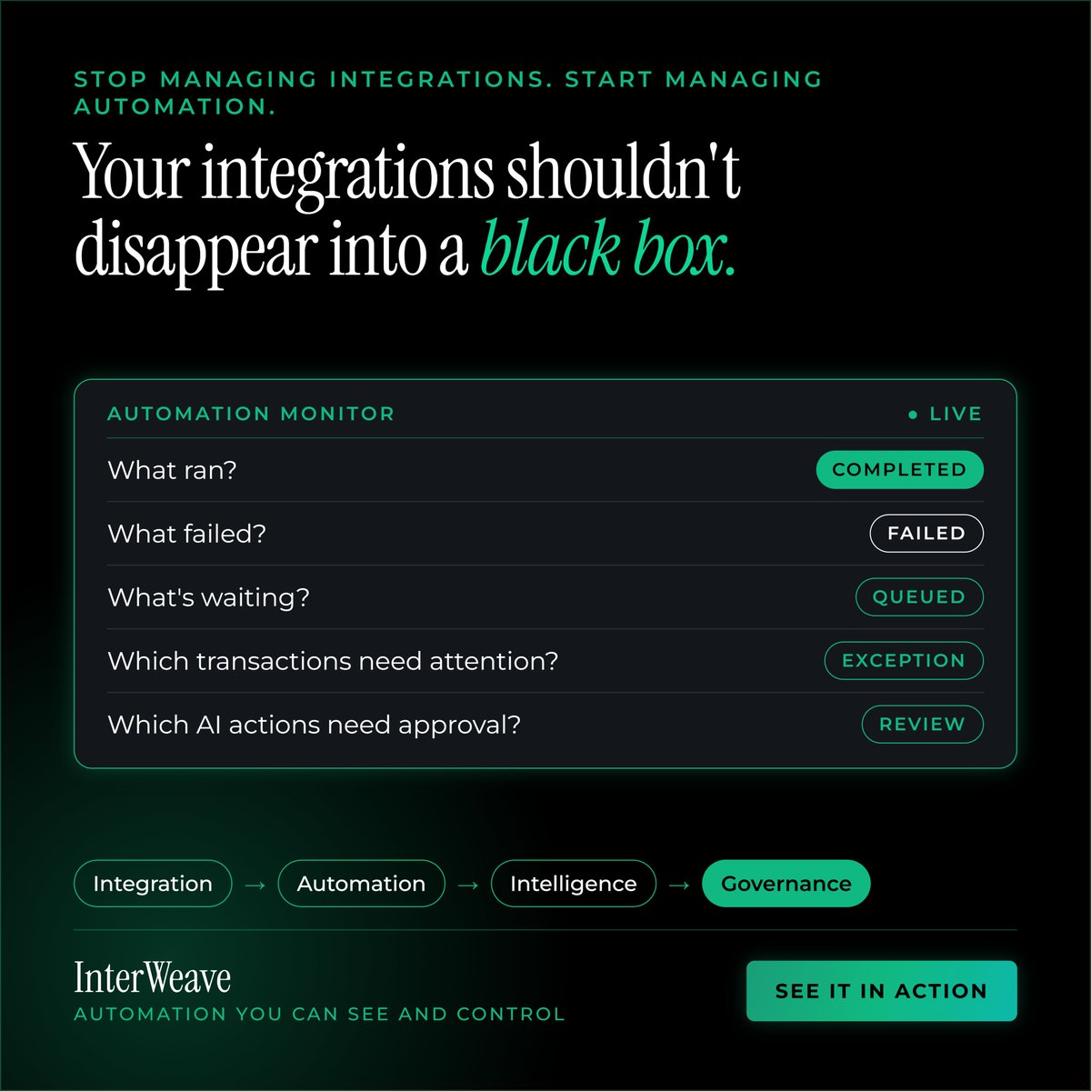 InterWeave1's tweet photo. Stop managing integrations. Start managing automation.
Your integrations shouldn't disappear into a black box.
🌐Explore: https://t.co/QRIoWkfkGl https://t.co/juRnRuWBws