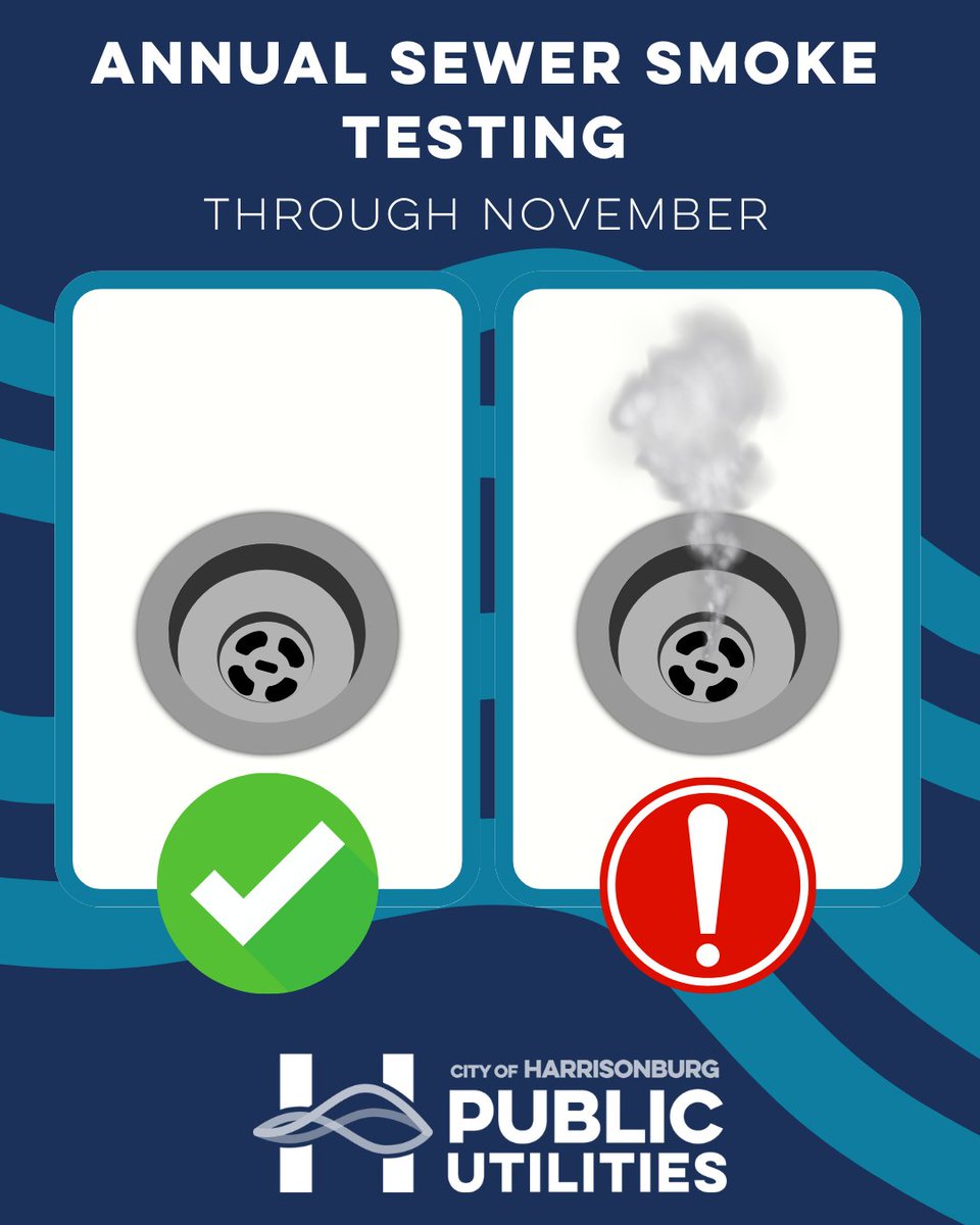 HarrisonburgVA's tweet photo. Public Utilities will soon start its annual testing of the sanitary sewer system. The effort involves release of a non-toxic and non-staining test smoke into area manholes, which will travel through the sanitary sewer system. More info: https://t.co/UQYTOZs3b4 https://t.co/inpO0xQ5Qn