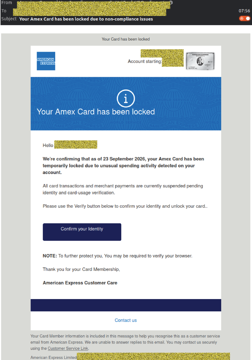 MailGuard's tweet photo. Alert: A new, highly convincing phishing attack is impersonating American Express.
More here👇
https://t.co/6ZK2KOIXVN 
We are here to help.
#EmailSecurity #CyberResilience
Example phishing content shown using American Express branding. Not affiliated with American Express. https://t.co/M4qyyXbPBu