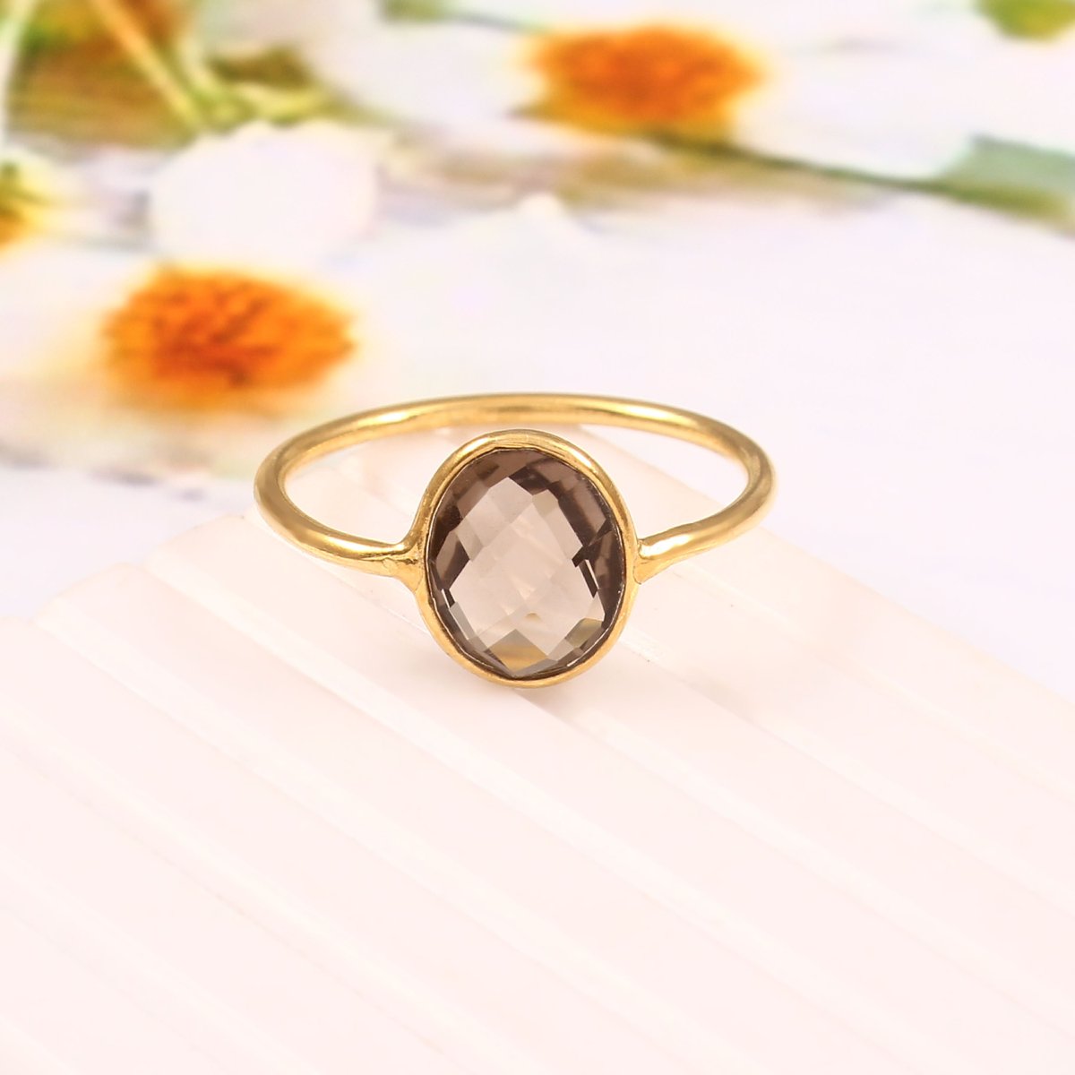 LesVarone's tweet photo. Smoky Quartz Statement Ring, 925 Sterling Silver Gold-Plated Thin Band, Minimalist Graduation Gift for Your Daughter. https://t.co/eIEl8wqahd