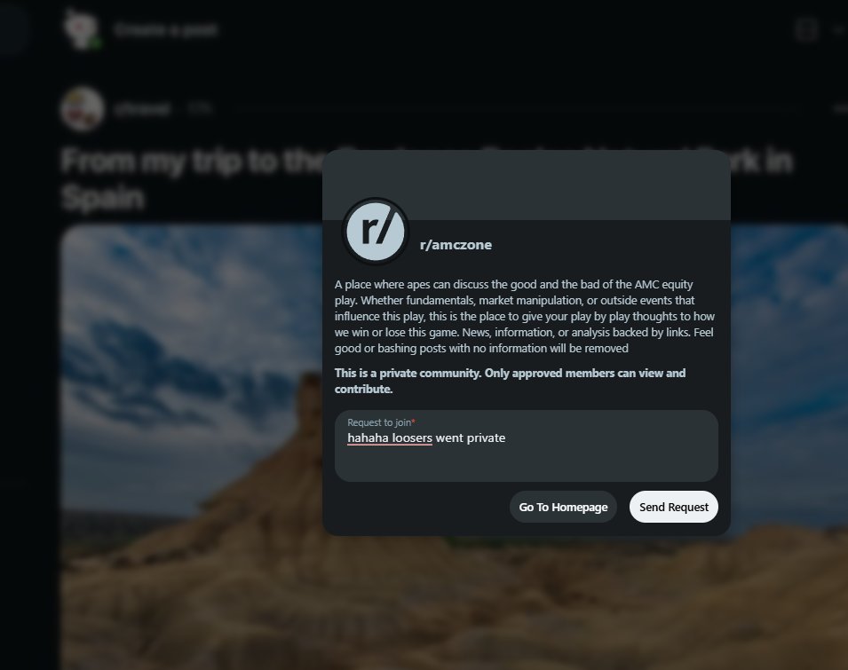 thebeetlr's tweet photo. Reddits that bash AMC are going private

$AMC 

They do not want Reddit to Rally..... https://t.co/ZFCCLXxY85