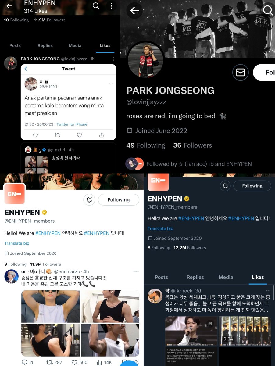 Enhagyy's tweet photo. remember when twt likes were public and jay was out here using enha’s main account as a fan page to follow jay centric accounts and like their posts??? imctfu 😭😭😭 https://t.co/NyC3k9ggvB