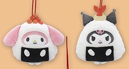 Two small plush mascots with animal-themed hoods (one pink/bunny, one panda) hanging from red cords, designed to hold small rectangular devices.