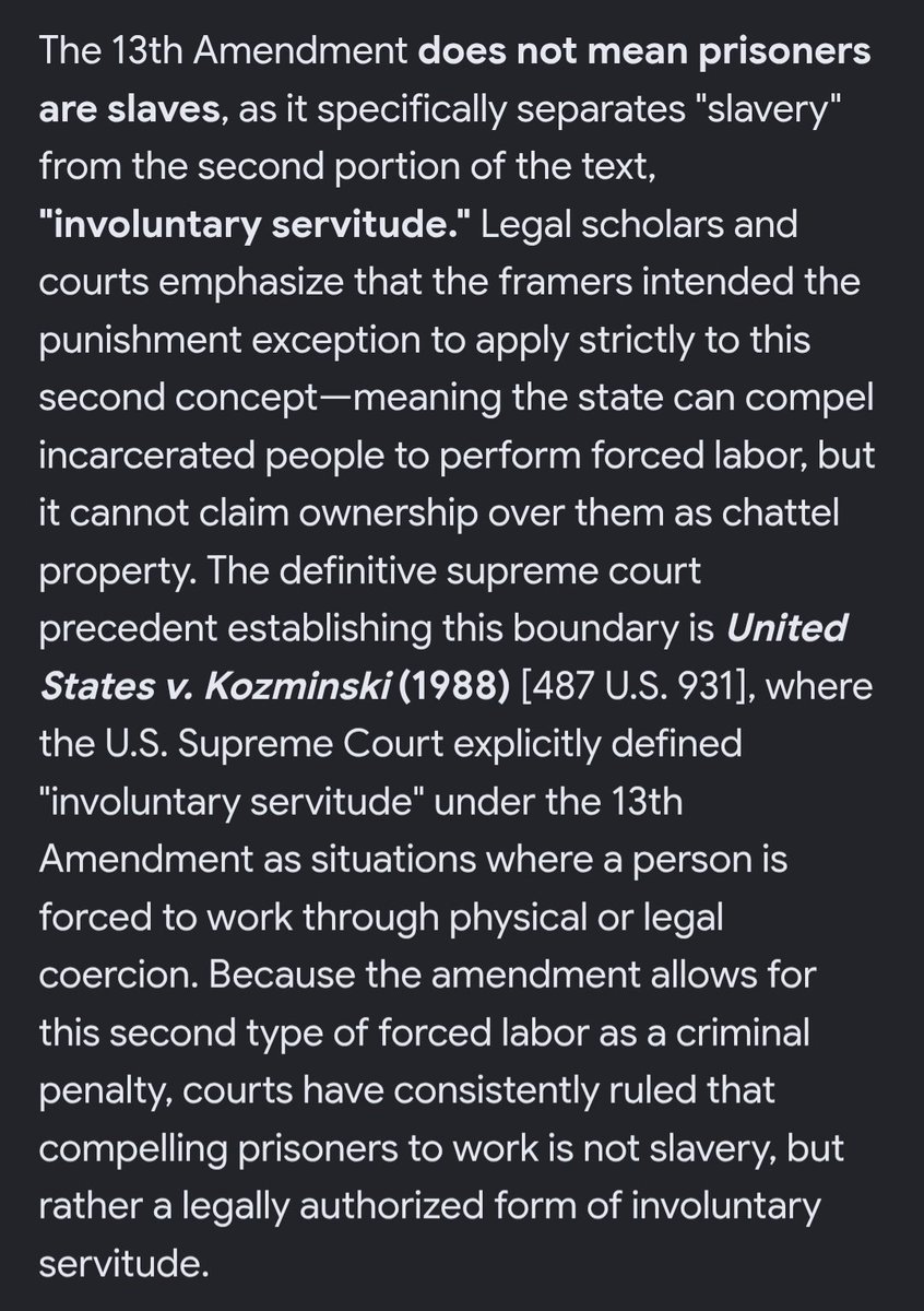 darbysat's tweet photo. @Basick_ENT @larry_mcwethy Try again...did you even read the court cases I presented? The amendment states that slavery and involuntary servitude are not allowed, except for prisoners, but it doesn't distinguish whether the exception is for slavery or servitude. That is why you have to read case law. https://t.co/wlMkuwjzJ8