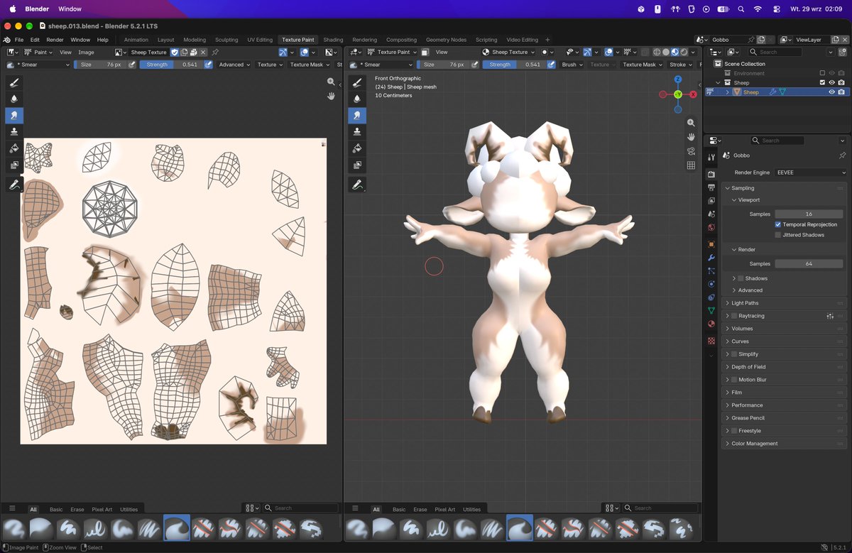 ChocoFoccoX's tweet photo. I’m creating a cute, shortstack sheep character for my upcoming game. For some reason, I opted for cream-like textures, but now it feels like the character has lost the traits typical of the species... Does she look like a sheep or more like a goat? https://t.co/kDfsJdADnN