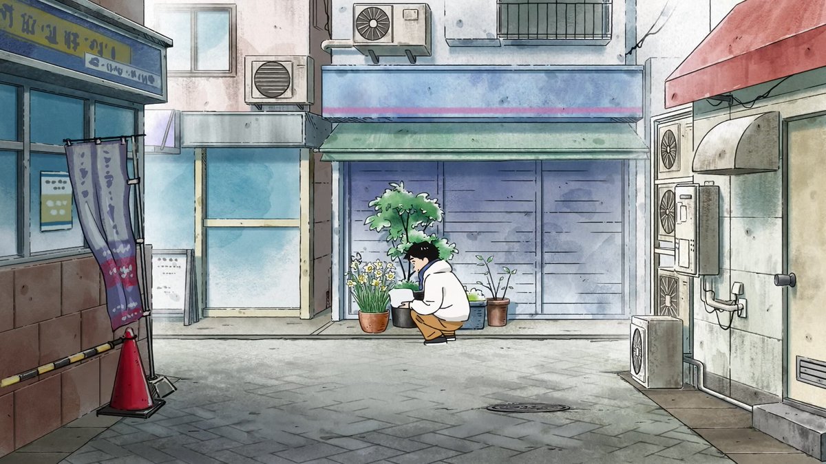 Yuyucow's tweet photo. The Hirayasumi anime looks like a lovely interpretation of its world and tone. Slightly white-faded BGs, lines that don't always fully connect and feel comfortable. It manages to pack detail into the screen to make it feel lived-in, but also maintains a relaxing feel. Good! https://t.co/B46jltiGXy