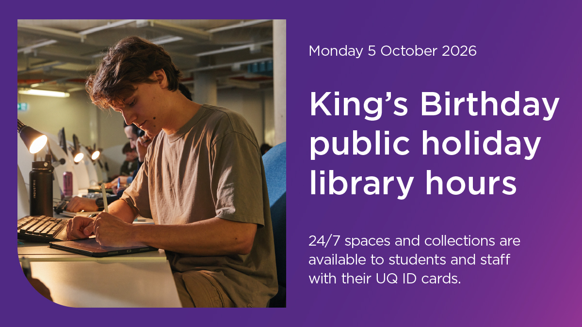 UQ_Library's tweet photo. #UQ Library hours for the King's B-day public holiday:
- 24/7 spaces available to students and staff with their UQ ID cards
- AskUs available on phone and chat from 12–5pm
- Other locations &amp; services are closed and back on Tuesday.

Opening hours: https://t.co/NcIR8m4ghG https://t.co/kJg7CNFAT6
