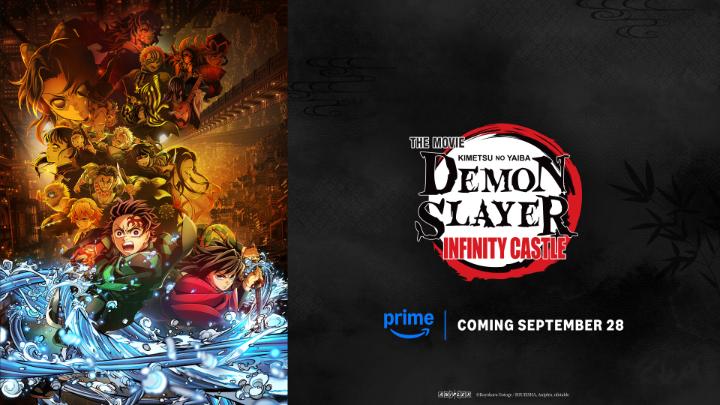Promotional image for "Demon Slayer: Kimetsu No Yaiba The Movie: Infinity Castle" streaming on Prime Video starting September 28, featuring the main cast of characters including Tanjiro and other Hashira amid water effects. The accompanying post announces the film's release on the platform with that exact date.
