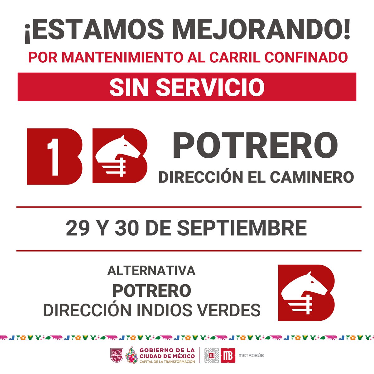 MetrobusCDMX's tweet photo. 🚨 ATENCIÓN 🚨

A partir de las 22:30 de hoy lunes 28, el martes 29 y el miércoles 30 de septiembre, la estación Potrero de Línea 1, en dirección a El Caminero, no brindará servicio por mantenimiento al carril confinado.

Consulta el Estado del Servicio en https://t.co/oU8f4FfUQ6 https://t.co/97yCEWCqsN