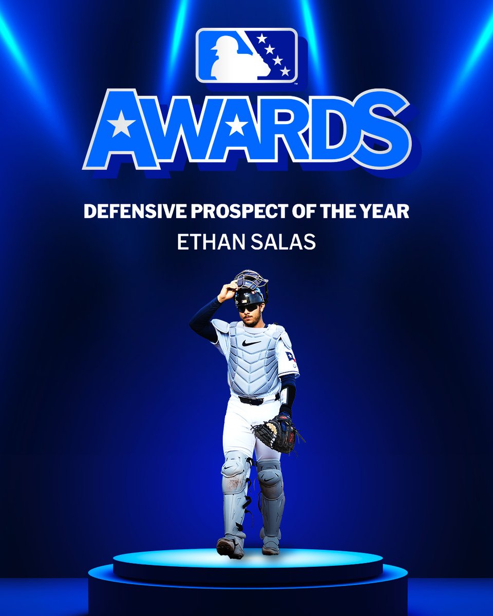 MLBPipeline's tweet photo. After putting his 70-grade field tool on display all year, @Padres catcher Ethan Salas has been named MiLB Defensive Player of the Year.

Watch the @MiLB Awards Show: https://t.co/1WmdkAk4Ak https://t.co/oGtKQHK7RW