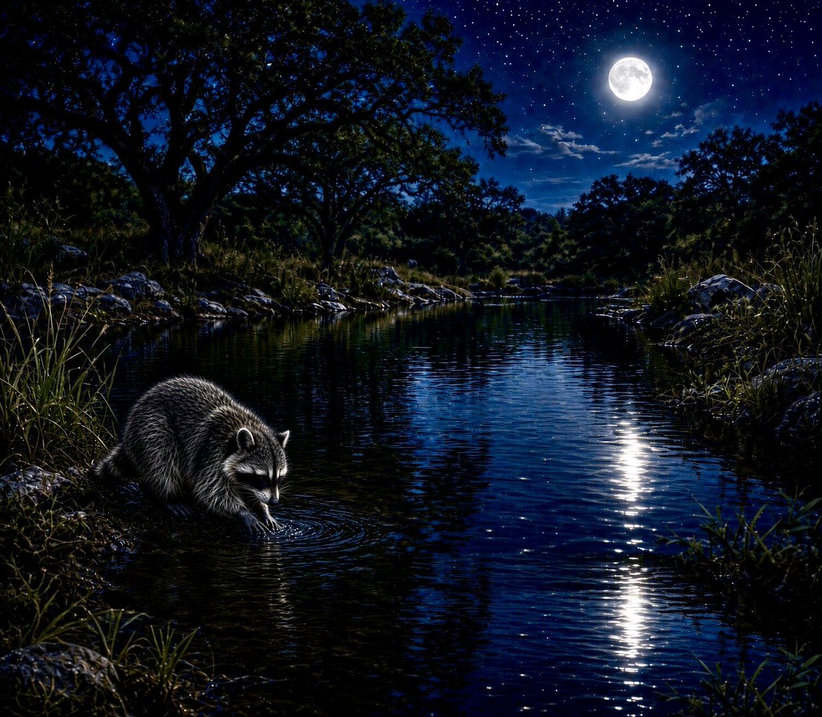 wildflowerkate7's tweet photo. Moonlight on the creek. He comes to the same spot every night. Washes his paws like he’s got company coming. Good night all. https://t.co/Ss2HtWN80n