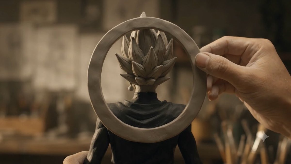 A close-up of a person's hand holding a gray circular sculpture frame behind a detailed clay bust of a figure with spiky hair, set in a workshop environment with a small sparkle icon.