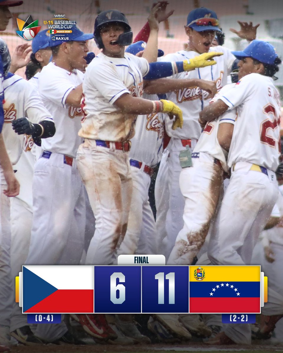 WBSC's tweet photo. 🇻🇪 A come-from-behind win for Venezuela to stay alive!
WBSC U-15 Baseball World Cup presented by RAXUS!
#BaseballWorldCupU15 https://t.co/wo3ZC38NQq