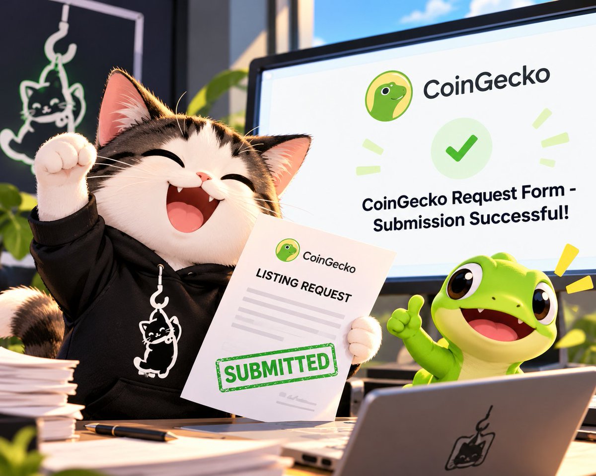 HookedCatSol's tweet photo. The paperwork is in. 🪝🐱

$HOOKEDCAT has officially submitted its CoinGecko listing request.

Now the cat waits for the next check to clear. 👀

#HOOKEDCAT #CoinGecko https://t.co/AdfIGHnDRJ