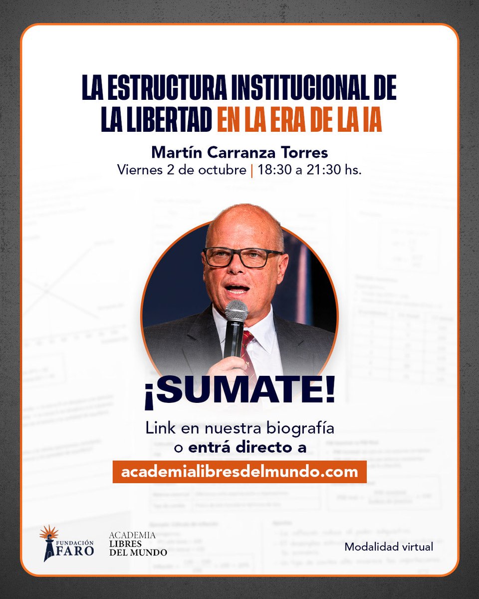 fundfaro's tweet photo. ¿Puede una empresa funcionar sin humanos? La irrupción de la inteligencia artificial plantea nuevos interrogantes en el derecho societario.

Más allá de la automatización, el verdadero acierto de una reforma estructural radica en la libertad contractual y la autonomía de la voluntad: un modelo donde los individuos definen sus acuerdos y el Estado se limita a garantizar su cumplimiento.

📅 Viernes 2 de octubre
⏰ 18:30 a 21:30 hs.
💻 Modalidad virtual

👉 ¡Sumate! Asegurá tu lugar en el link de nuestra biografía o en https://t.co/0pBIMromoY
