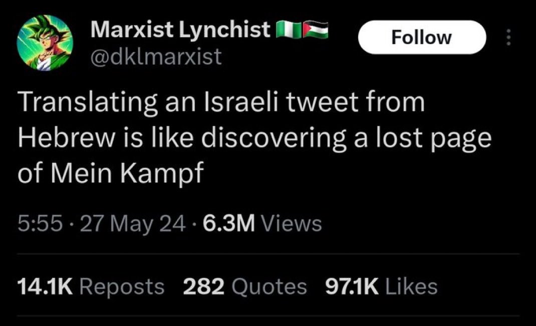 PresidentToguro's tweet photo. There's never been a translate Hebrew tweet where the people were like "I baked some nice cookies today!" It's always super villain eugenicists monologues about how they will burn the world to the ground https://t.co/9dyvDdrwH4