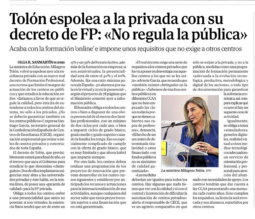 AEFOL's tweet photo. Duro e incomprensible ataque a la #formación #online de #FP, con medidas que pueden suponer la desaparición de la FP privada. @MinisterioEdu @milagrostolon #elearning https://t.co/CAE3JM797G