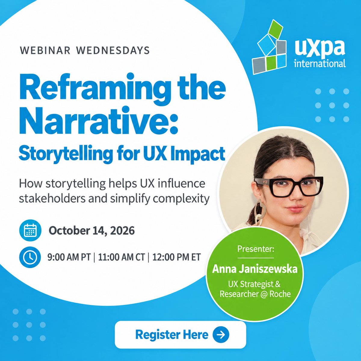 UXPA_Int's tweet photo. Great UX stories don’t just explain. They shift mindsets.
Join UXPA International for “Reframing the Narrative: Storytelling for UX Impact” with Anna Janiszewska, UX Strategist &amp; Researcher at Roche.
𝗥𝗲𝗴𝗶𝘀𝘁𝗲𝗿 𝗵𝗲𝗿𝗲: https://t.co/EUBB7cDqiD https://t.co/43CqAtclUN