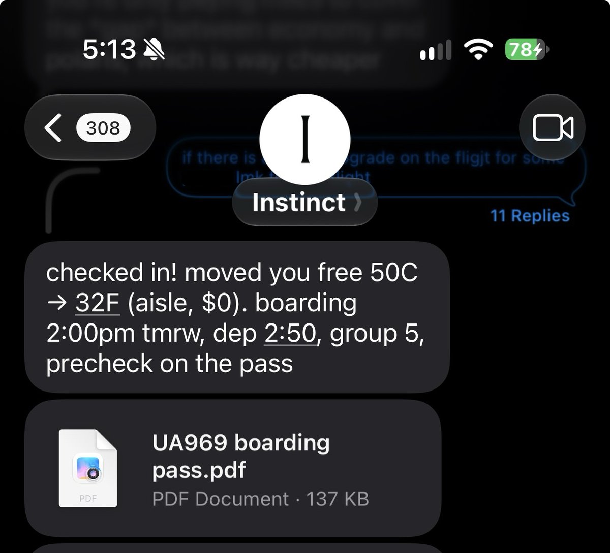 cdngdev's tweet photo. instinct checked me in to the most likely seat to get an entire free row on my 11 hour flight. actually the goat https://t.co/d9vbgl6p0b