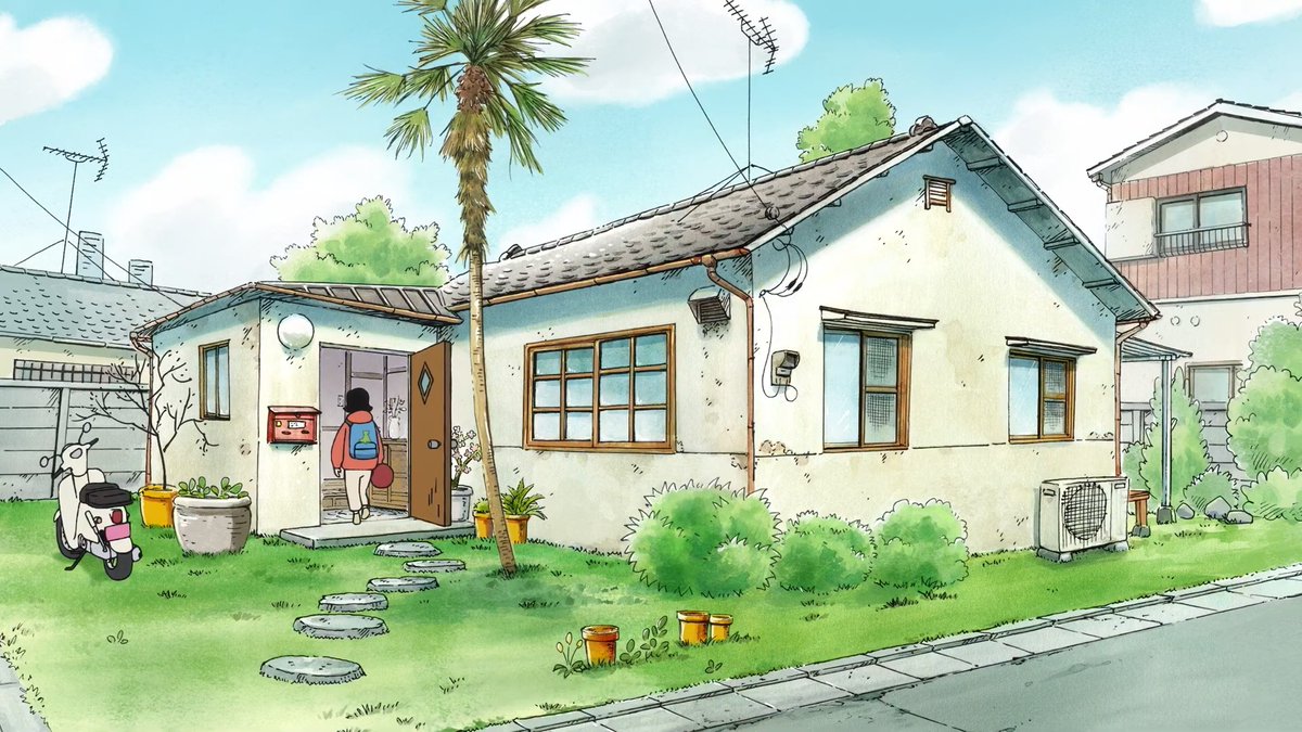 Yuyucow's tweet photo. The Hirayasumi anime looks like a lovely interpretation of its world and tone. Slightly white-faded BGs, lines that don't always fully connect and feel comfortable. It manages to pack detail into the screen to make it feel lived-in, but also maintains a relaxing feel. Good! https://t.co/B46jltiGXy