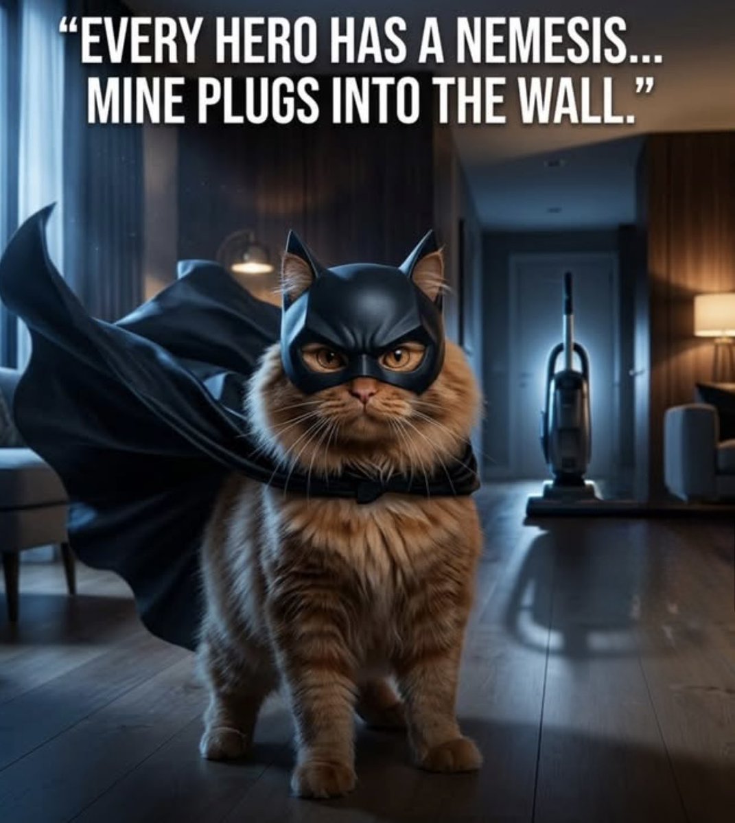dcd728's tweet photo. When #kitty suits up to fight his #archrival the #vacuumcleaner #BatCat https://t.co/hB4wp44x2N