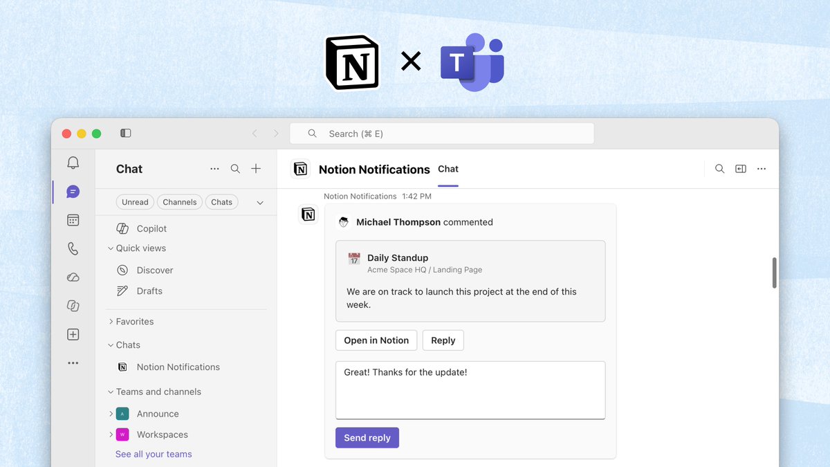 Now you can stay on top of your Notion notifications, right in Microsoft Teams. Just go to Settings → Notifications → Connected Apps in Notion. 📷
