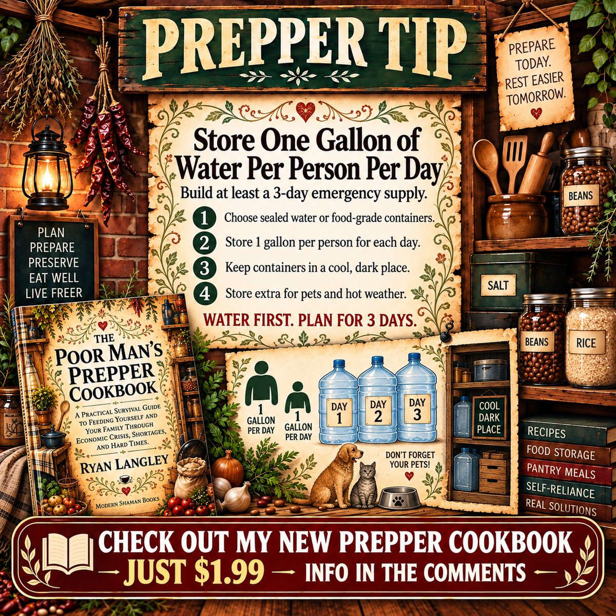 ModernShamanX's tweet photo. #PrepperTip ๐ง Store one gallon of water per person per day ๐ฐ Aim for 3 days ๐ Water is the first thing you miss in an emergency
Check out my new 181 page prepper cookbook for just $1.99 ๐
https://t.co/Qy80sz0Oj1
๐ https://t.co/wNg5qNsjtI ๐
#Prepper #Homestead #Survival https://t.co/5fQxdpksGK