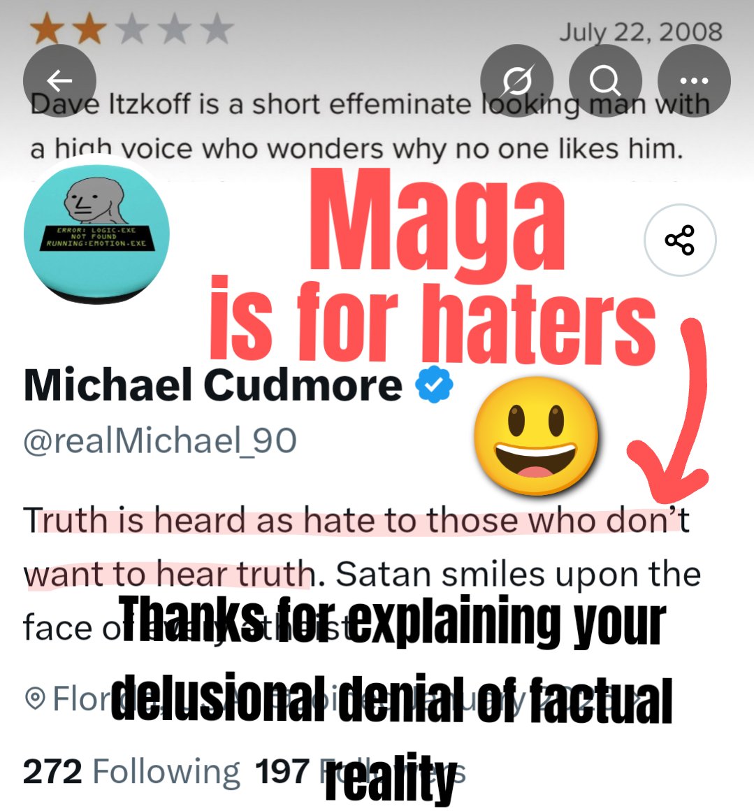 SassyDem's tweet photo. @realMichael_90 @barryinthefiles @UnitOrange @GillGripper @DemassiSteve @omegaman_v1 @mediawerkz1 @coxashton82 @dr_johnny_fever @DemassiStevee @ditzkoff @kareemjeanjr @tromano Thanks for explaining your delusional denial of factual reality. #Maga #mental #illness makes much more sense now! 😃🖕🏼🍊🤡 @realMichael_90 https://t.co/Y7PN8tMRPc