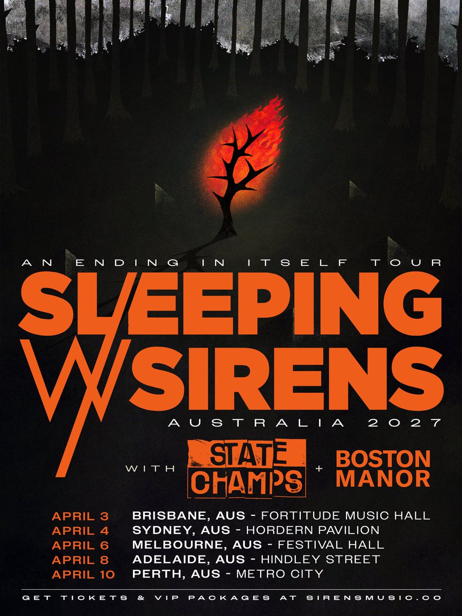 SWStheband's tweet photo. 🇦🇺🇸🇬🇲🇾🇵🇭 AUSTRALIA + ASIA, it’s your turn! We’re heading your way for the An Ending In Itself Tour, with special guests @State_Champs + Boston Manor in Australia only!

Sirens Fan Club members in Australia get first access to pre-sale tickets and VIP upgrades starting Friday, Oct 2nd at 10am local.

General tickets and VIP upgrades begin Tuesday, Oct 5th at 10am local at https://t.co/iJVLJHc6yc!

4.3 - Brisbane, AUS | Fortitude Music Hall
4.4 - Sydney, AUS | Hordern Pavilion 
4.6 - Melbourne, AUS | Festival Hall
4.8 - Adelaide, AUS | Hindley Street
4.10 - Perth, AUS | Metro City 

4.13 - Singapore, SQP | Capitol Theatre *
4.15 - Kuala Lumpur, MYS | Zepp Kaula Lumpur *
4.17 - Manila, PHL | New Frontier Theater *
*No State Champs or Boston Manor