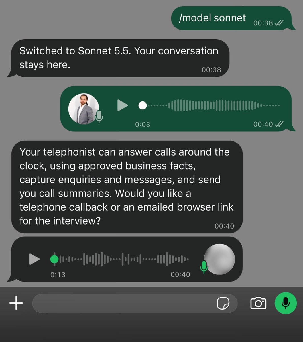 benaiahai's tweet photo. Sonnet 5.5 is already on Telephonist 💬

Send your Telephonist a WhatsApp voice note.

Get a reply in text and voice.

Just send /model sonnet to switch. https://t.co/LTtvE1CONk