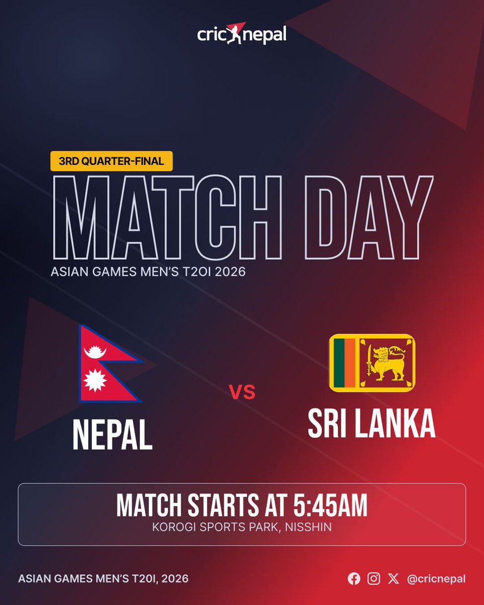 cricnepal's tweet photo. Good Morning everyone! Are you ready for the Match Day?
🌧️ Rain is forecast around the 9am start, with approximately 1–4 mm expected over the three-hour period.
🌤️ Temperature: around 20–21°C.
#NEPvSL #AsianGames #Cricket #NepalCricket https://t.co/i6idZrlt2L