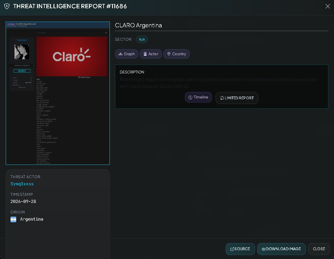 VECERTRadar's tweet photo. ⚠️ PREVENTIVE ALERT 🇦🇷 📱: ALLEGED LEAK OF DATABASE AND ACCOUNT RECORDS (ACTOR: SYNQ1XXSS)

[STATUS: UNCONFIRMED; VISIBLE EVIDENCE BUT NOT YET VERIFIED / THREAT ACTOR: SYNQ1XXSS / DATE: SEPTEMBER 28, 2026]

The centralized cyber-intelligence monitoring system has detected a post on underground forums (DarkForums) made on September 28, 2026, by the user Synq1xxss. The report announces the availability of a database titled "CLARO Argentina db," although the schemas and technical samples provided in the content detail account records, debts, burial coverage, salaries, and infraction notices linked to local entities in Argentina.

It is strictly noted that the authenticity of this breach and the official origin of the data have not been definitively confirmed by the mentioned entities or companies. The final status of the leak remains unconfirmed.

Threat Actor: Synq1xxss

Victim / Affected Entity: Records referenced under service names and locations in Argentina (including data samples regarding accounts, salaries, and municipal citations).

Sector: 📱 Telecommunications, Financial Services, Coverage Plans, and Municipal Records.

 Country: Argentina 🇦🇷. 

🔍 TECHNICAL BREAKDOWN OF THE EXPOSED DATA STRUCTURE
Based on the JSON-format fragments and samples posted by the actor on the underground forum, the leaked information comprises:

Account Structure and Personal Data:

Included fields: asset ID (*id_bien*), identifier, asset type (e.g., Comprehensive Burial Coverage / OBIS), asset key, first names, surnames, document type (CUIT/DNI), document number, postal codes, localities, neighborhoods, streets, enrollment dates, and last payment indicators.

Salary Record Sample:

Indexed structure detailing employee files, first names and surnames, administrative areas (such as the Tourism Directorate or Education Secretariat), employee types, roles, periods, payment types (monthly, 13th-month salary/bonus, contributions), and total amounts.

Traffic Citation Sample:

Records of traffic violations, citation dates, reference numbers, inspecting officers, offender details, and specifics regarding the regulatory infractions.

🛡️ TECHNICAL PREVENTIVE AND CONTAINMENT RECOMMENDATIONS (SOC / CSIRT)

Server and Endpoint Audit: Security teams at the affected organizations must review access logs on their databases and storage servers to identify potential data exfiltration breaches.

Monitoring and Early Warning: Monitor the spread of download links across underground channels to mitigate the commercialization of the data. 

🖥️ CENTRALIZED THREAT MONITORING SYSTEM
Intelligence System: https://t.co/wk9bZJ2Nli

Quickly check your security at: https://t.co/QZhWp0kFrO

Quotes and services: https://t.co/sx3BM5zbnK

#Cybersecurity #ThreatIntel #DataLeak #ClaroArgentina #Argentina #DarkForums #InfoSec #CyberAlert #VECERT #SOC #CSIRT #Unconfirmed #SecurityAlert