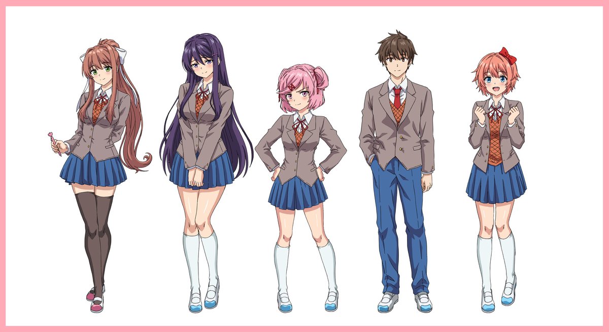 TidalDrawZZ's tweet photo. All DDLC characters lined up together! These are taken from my custom made character sheets where i turned the ddlc cast into a studio grade style. Keep in mind this is my PERSONAL take on the heights. What i believe to be realistic, and fitting. Monika Yuri Natsuki MC Sayori https://t.co/HmjOAFMnOG